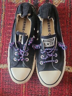 Converse Black Low-Top Sneakers with Purple and Blue Laces